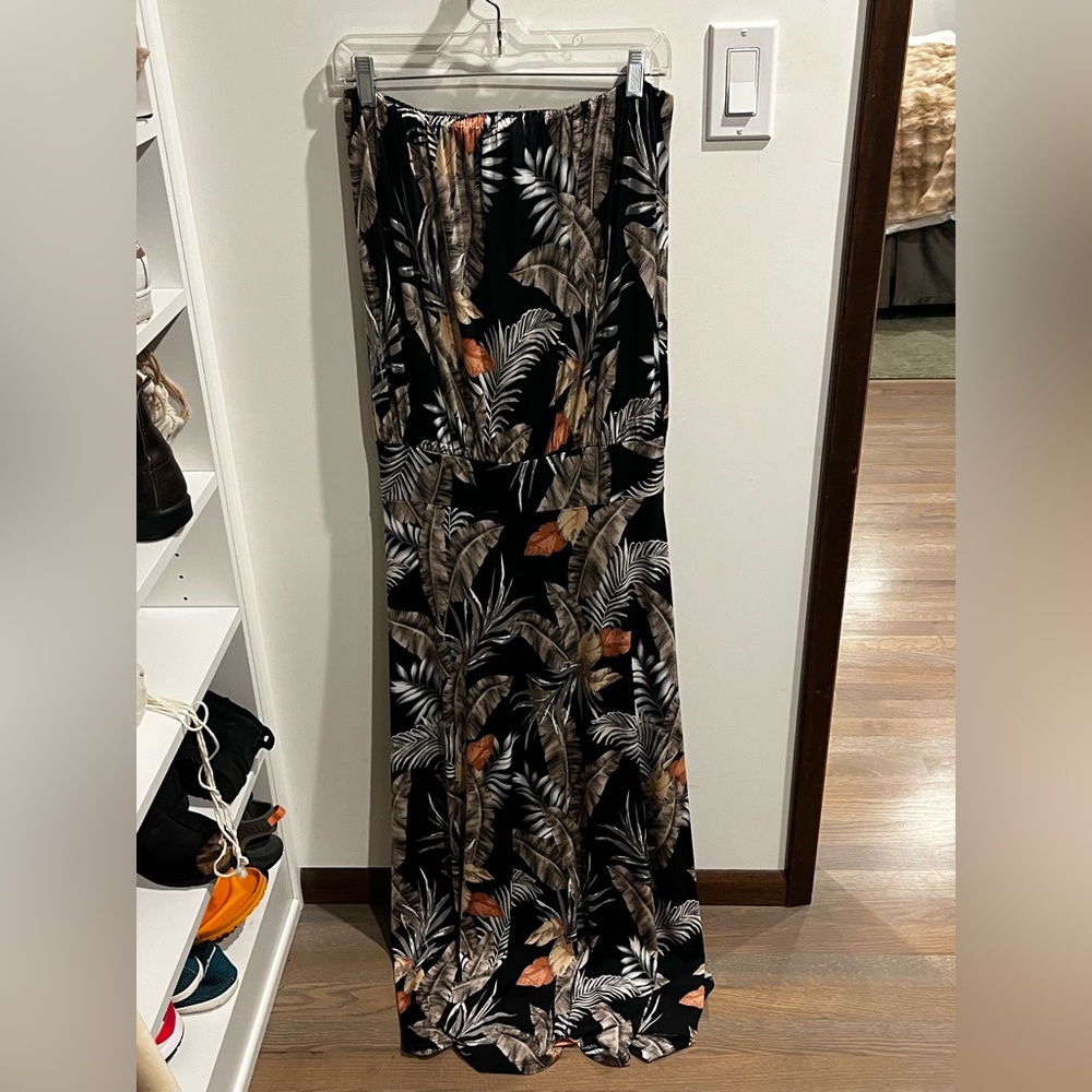 Veronica M Palm Leaf Pattern Strapless Maxi Dress